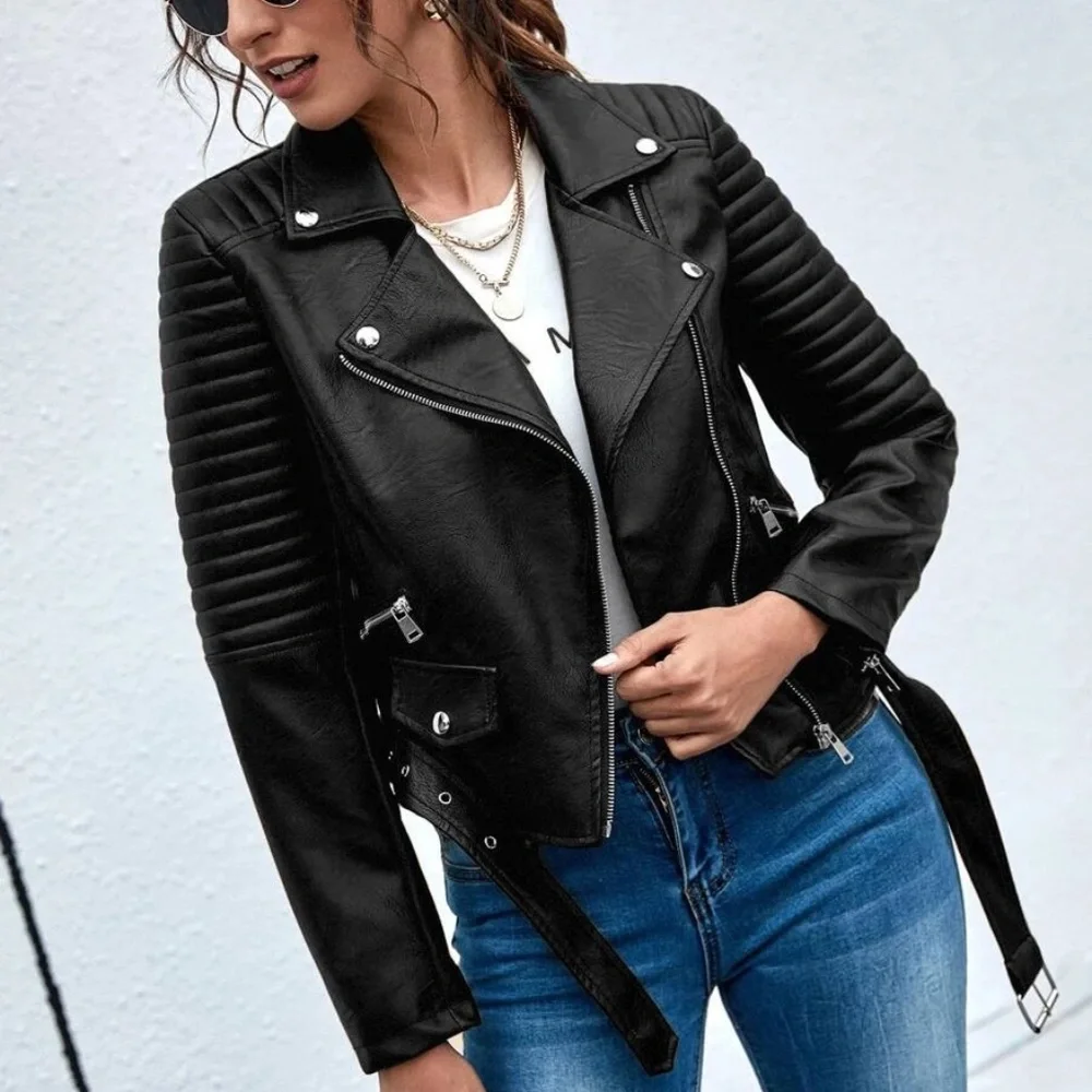 Black vegan leather zipper biker moto motorcycle jacket - Picture 3 of 4
